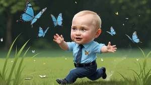 baby Vladimir Putin runs on the grass and catches butterflies, t...