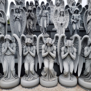 Stone statues with wings, often in the form of angels, but can t...