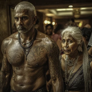 Hyperrealism photo painting,A sweaty beefy kashmiri man walking...