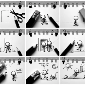 Title: “Drawn to Escape”
Style: Black-and-white stick figure drawings on white paper
Props: Scissors, pencil, eraser, a few paper cutouts
SCENE 1: WAKING UP
(Max, a simple stick figure cutout, “wakes up” in the middle of a blank piece of paper.)
MAX (speech bubble): “Where am I?”
He looks around. The only thing near him is the paper’s edge.
SCENE 2: ESCAPE PLAN
Max tries to run to the edge, but—uh oh—the paper is taped down (represented by a simple drawn line).
MAX (speech bubble): “I need a way out!”
He grabs a nearby pencil and quickly draws a door—but nothing happens. He frowns.
Suddenly, an eraser appears from the top of the screen, heading straight for him!
SCENE 3: THE CHASE
Max sprints away as the eraser starts erasing everything behind him. He trips, then quickly draws a ladder.
The ladder comes to life just in time, and he climbs up—only for the last step to break!
He falls into a small tear in the paper (a cut in your stop-motion background).
SCENE 4: THE EXIT
Max lands on a fresh, blank sheet of paper.
He looks around, nervous. Then, from above, a giant pencil appears, sketching a new world—a simple sun, a tree, and a smiley face.
MAX (speech bubble): “Wait… I can control this?”
He grabs the pencil and starts drawing himself a new world.
FADE OUT.
ENDING TEXT:
“The End… or just the beginning?”

Make me a 1.5 minute long video with 5-10 frames per second based on this prompt