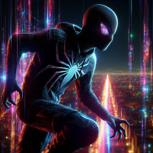 A hyper-realistic depiction of a malevolent, dark-suited Spider-...