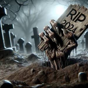 Mysterious hand raising from the grave its dragging a sign sayin...