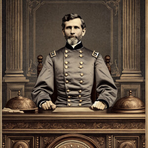 Donald trump wearing a gray confederate uniform, sitting behind...