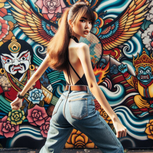 Attractive, Asian teenage girl, long brown hair and bangs, wearing tight skinny jeans and a halter top paint marks on her clothing, backside view heroic pose Asian graffiti