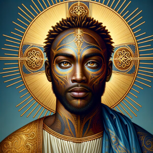 Create a beautiful African-American Jesus Christ with Hazel, brown eyes and blue and gold robe