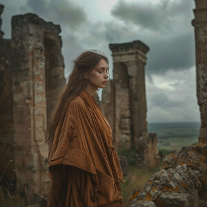 A beautiful woman in a brown robe stands in front of ancient sto...