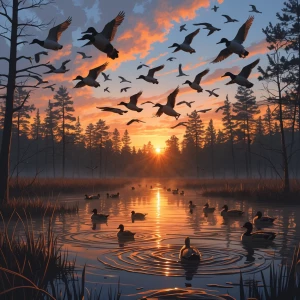 shooting hour, as the sun rises and mallards are raining in, bre...