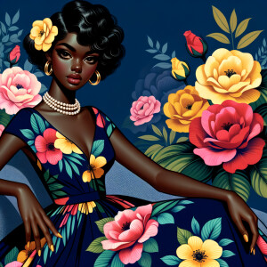 An illustrated  African-American, Betty Boop with exaggerated features reminiscent of vintage pin-up art. The character has large, expressive eyes, short wavy black hair, and is wearing a colorful, floral-print dress with a deep blue background and tropical flowers in vivid colors like yellow, pink, and red. She's seated with one hand resting gently beside her, wearing a pearl necklace and gold hoop earrings. The background is filled with lush roses in shades of pink and red.