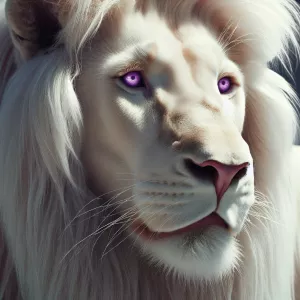 Create an image of an albinotic white lion with striking purple...