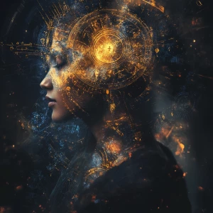 Create a 2.5D art portrait of a mystical time-weaving oracle, wi...