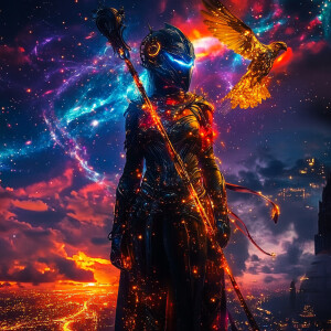 Athena stands tall, her sleek black armor etched with shifting c...