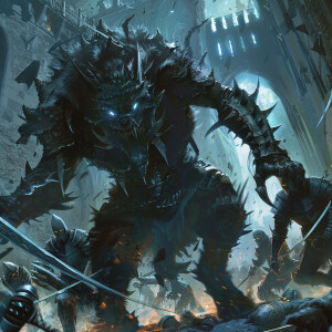 Craft a vivid scene set in a dark fantasy realm, where a fearsom...