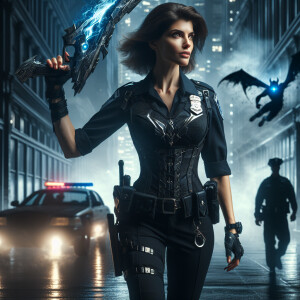 Create a fierce female cop who doubles as a demon slayer, equipp...