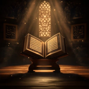 An elegant Islamic-themed background with an open Qur’an placed...