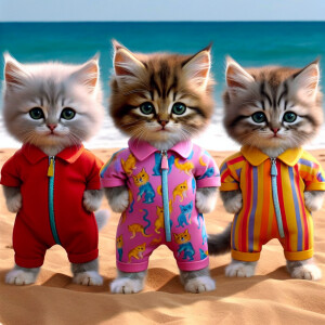 Create an image of three adorable kittens dressed in vibrant, mu...