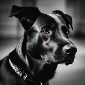 A close-up portrait of a dog’s face, with dramatic lighting highlighting one side and leaving the other in deep shadow.