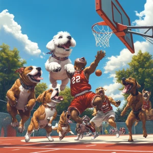 Anthropomorphic, well-muscled dogs of diverse breeds engaged in...