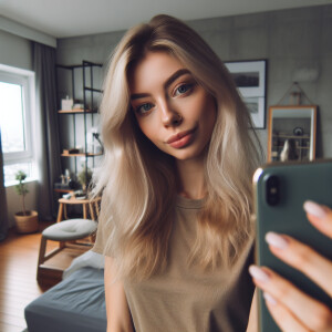 A 25 year old blonde taking a selfie in her bedroom mirror, Smar...