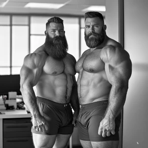 Two muscular bodybuilders standing side by side in an office set...
