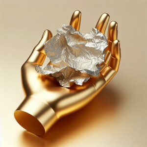 A very simple image of a gold hand held out in front holding a b...