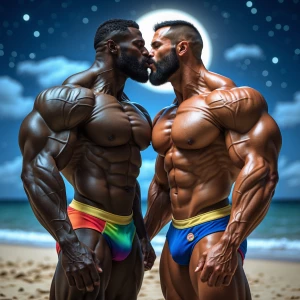 Two muscular men black bodybuilders, beard shirtless and wearing...