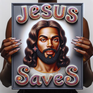A 3D realistic artwork featuring the phrase 'Jesus Saves' adorne...