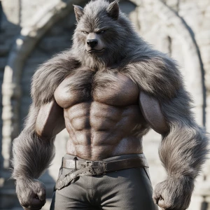 Create an image of a muscular lycanthrope with thick fur, in a n...
