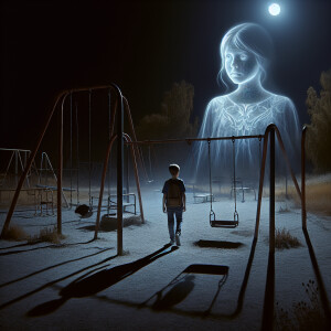 Night. An abandoned playground. There is a boy standing next to...