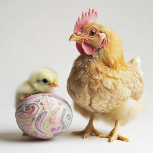 A chicken sitting on an Easter egg, she is looking sideways at t...