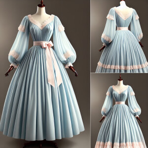A beautiful, ankle-length, modest vintage sky blue puffy dress w...