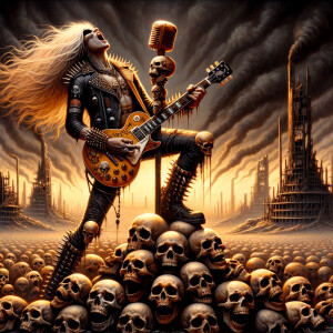 Rock star with long blonde hair dressed in leather and spikes playing a Les Paul guitar with skulls on it screaming into a microphone made of skulls standing on a pile of skulls