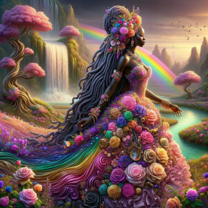 Remix Prompt
S/O Jackie Torres
S/O Panda Locke

create a animated style hyper realistic airbrush whimsical oil painting of a light African American woman wearing a flawless beautiful purple, pink, and gold blossom dress long flowing with colorful flowers and ruffles on the dress colorful jewelry made of flowers she has long black dreadlocks in a bun a colorful rose in her hair her peep toe shoes is matching her dress behind her is a beautiful waterfall liquid glowing lights beautiful colorful rainbow surrounded by beautiful roses.