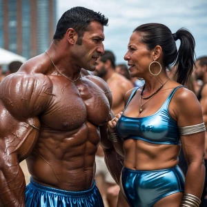 .a muscular, sweaty American man appearing dangerous, conversing...