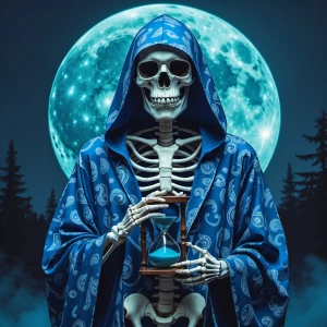 Generate an image of a skeleton wearing a blue paisley print hoo...