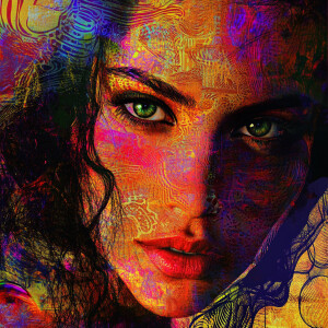 A straight-on, eye-level realistic digital portrait of a woman a...