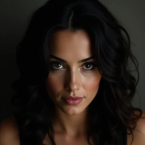 Sensual woman with raven-black hair styled in loose waves, featu...