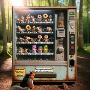 Imagine a slightly rusty, old vending machine standing in a sun-...