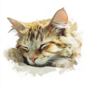 Sleeping cat with peaceful expression, watercolor illustration s...