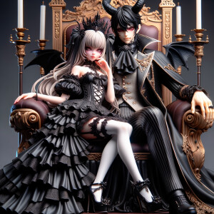 A beautiful girl named lilith with gothic lolita dress sit on the lap of handsome Lucifer with black horn, elegant and epic scene, sitting on the thrones, 3D, humanlike, high res