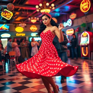 “A vibrant mid-century dance hall scene captured with a Canon EOS R5 and a 50mm f/1.2 lens. the image is focused on Dahlia Valentina fit tall supple well endowed tanned Italian American model (DahliaValentina_ai) stands in the center of a 1950s rockabilly dance, spinning in a bright red polka-dot dress with a fitted bodice and a flared skirt that lifts as she twirls. Her long wavy black hair is tied up with a matching headscarf, and she wears classic cat-eye eyeliner with a bold red lip. She dances with a charming partner dressed in a leather jacket and cuffed jeans, both caught mid-motion in a lively jitterbug step. The neon signs glow behind them, casting warm reflections on the checkered dance floor. The energy of the crowd, jukebox music, and the flickering of retro diner lights add to the nostalgic atmosphere. The composition follows dynamic angles, emphasizing movement and vintage allure.”