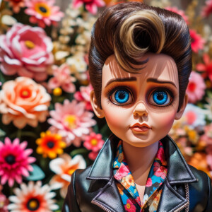 Elvis Presley doll with huge blue eyes flowers in the background
