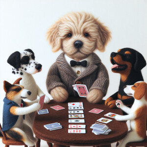 A dog wearing a smoke jacket playing gin rummy with his friends