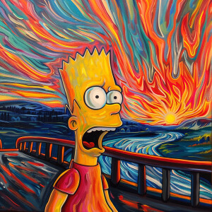 Illustrate Bart Simpson in a classical impressionist landscape i...