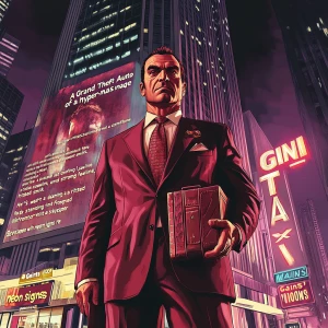 "A Grand Theft Auto key art-style image of a hyper-masculine man...