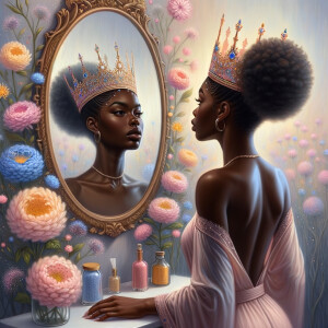 An African-American woman stands before a mirror, her gaze introspective and curious. As she peers into the reflective glass, a majestic transformation unfolds within its frame. Her reflection reveals not just her everyday visage, but that of a regal queen adorned with an elegant crown, symbolizing strength, wisdom, and grace. The crown is intricately designed, shimmering with the promise of untold stories and heritage. Around her, the background blossoms into a serene tableau of pastel flowers, each petal a whisper of beauty, resilience, and growth. These gentle hues of pinks, blues, and yellows create a soft, dreamlike atmosphere, enveloping the queen in a world where her royal essence is acknowledged and celebrated. This image captures the moment of self-realization and empowerment, a visual metaphor for the inner royalty that resides within, waiting to be acknowledged in the mirror of her soul.