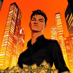 Create a character portrait of a man standing on a mountain of m...