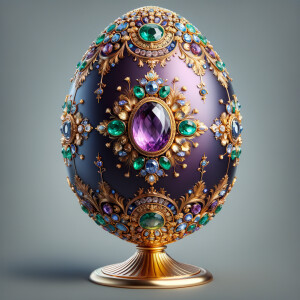 Create an image of an exquisite egg-shaped object, oriented to face the viewer head-on. The design should feature a deep purple base adorned with opulent gold filigree, floral patterns, and encrusted with various jewels such as emeralds, sapphires, and a prominent amethyst. The egg stands regally on a gold pedestal, gleaming with reflective elegance. Its intricate details and rich colors should convey a sense of luxury and royal splendor.