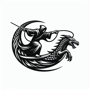 Design a logo featuring a cloaked figure dynamically surfing on...