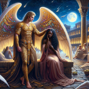 Create an oil painting image featuring a male angel and a grievi...