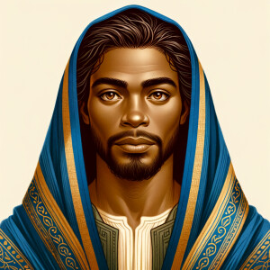 Create handsome African-American, Jesus, with Hazel Brown eyes wearing a blue and gold robe